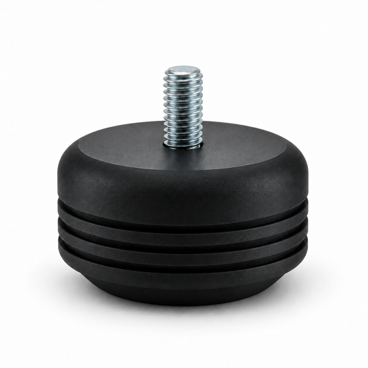 BassGuard Compact, én sort dempefot med avrundet topp og gjengebolt på hvit bakgrunn.